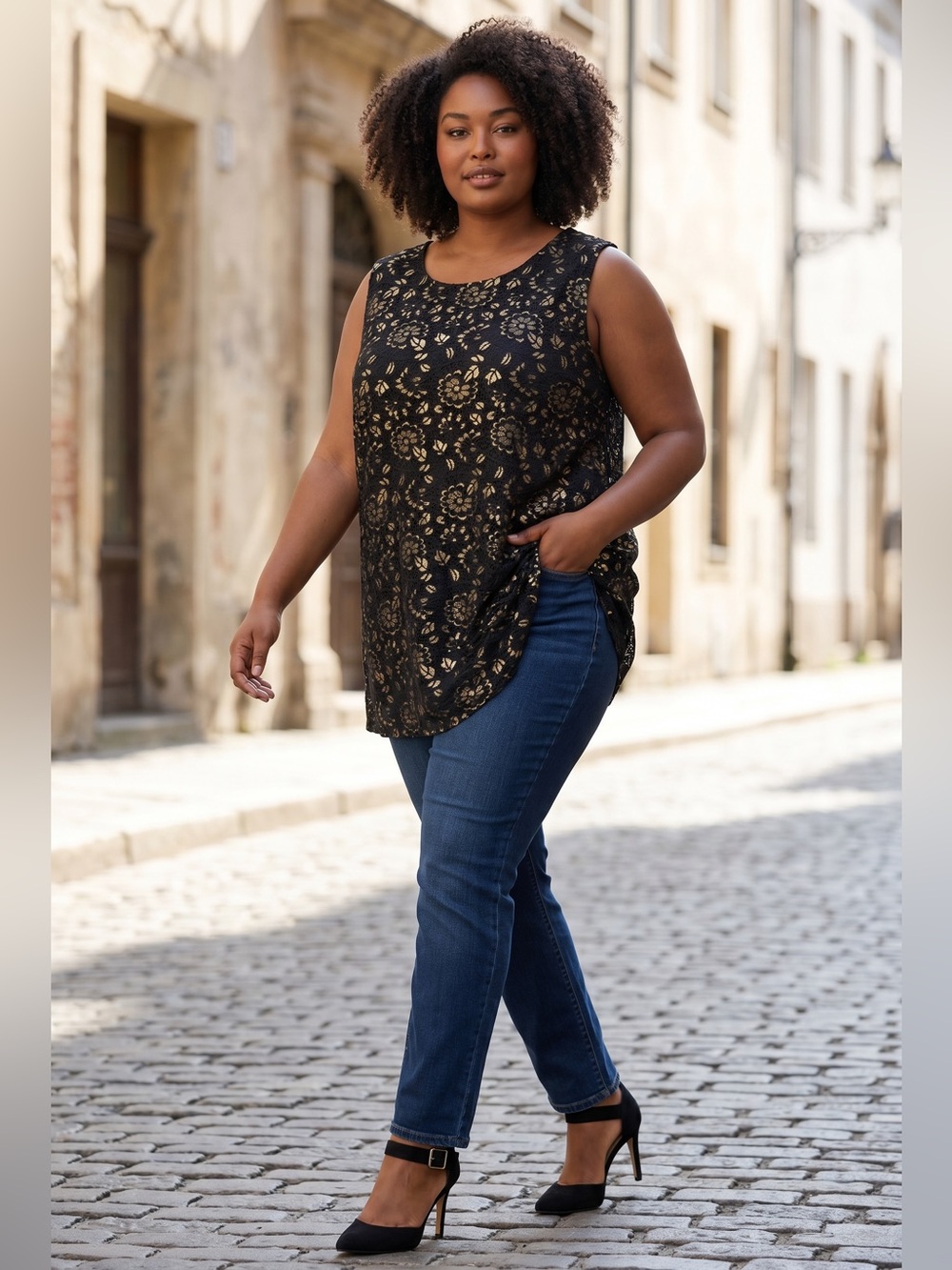 Catherines 22W Black Floral Lace Sleeveless Blouse Gold Lined Dressy Top
